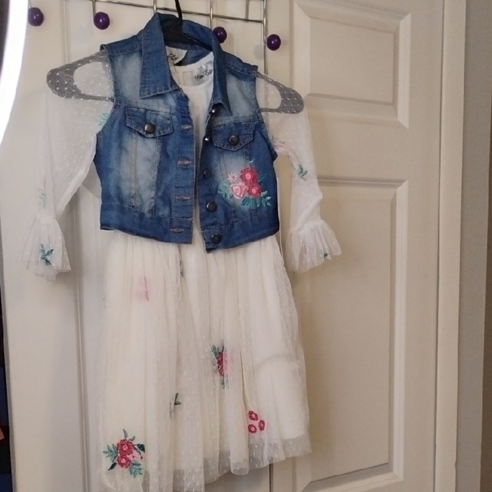 Rare Editions Blue and White Jean Jacket with Floral Details